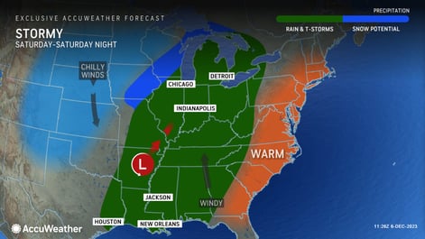 Saturday snapshot highlighting zones of rain and thunderstorms and snow. Businesses in the central and eastern United States should prepare for a powerful storm sweeping across the country, bringing snow, heavy rain, and severe thunderstorms starting this weekend. 