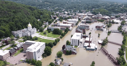 Aerial photo of a flooded town in Vermont