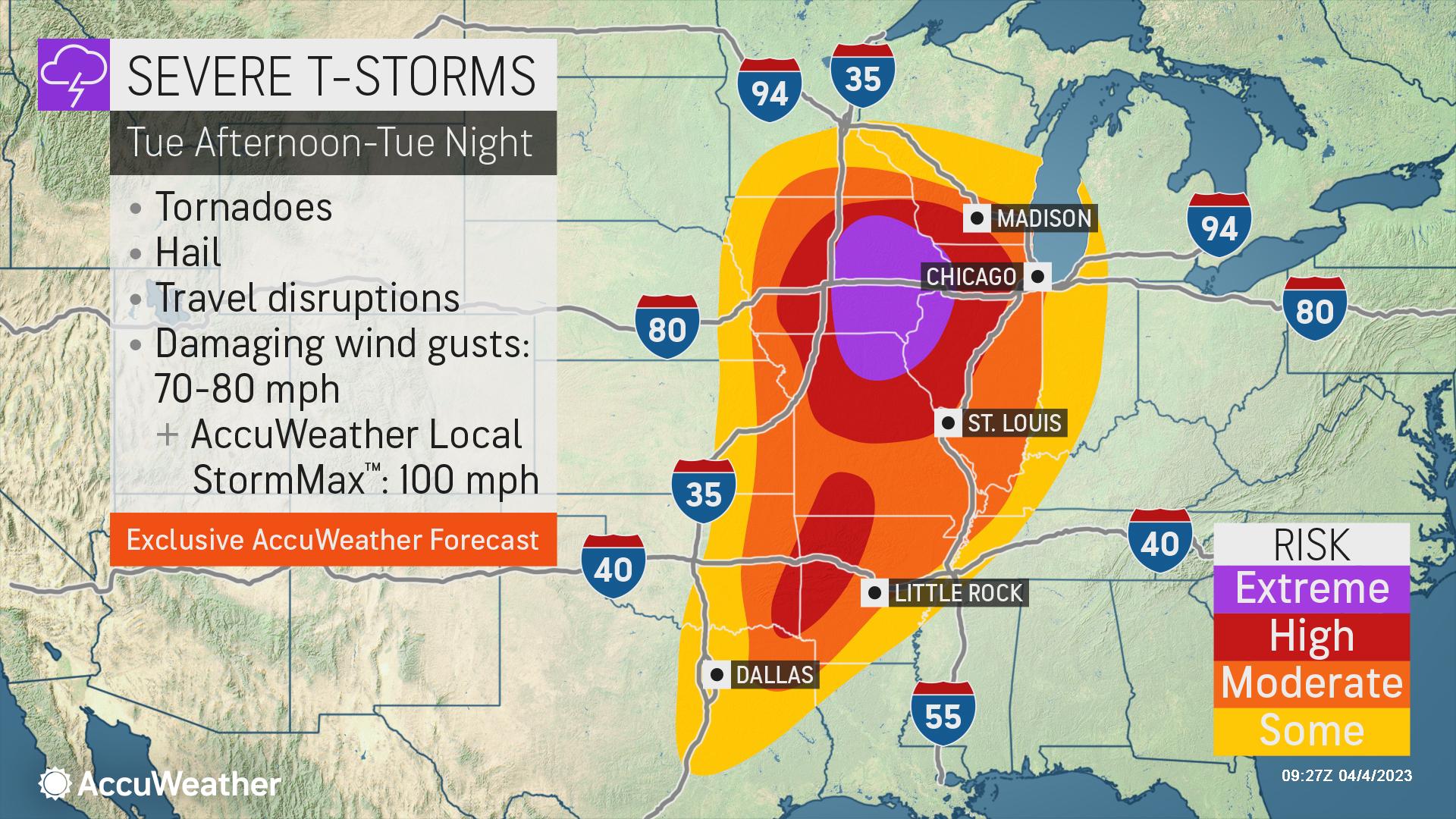 Severe weather with risk of thunderstorms, tornadoes moves east
