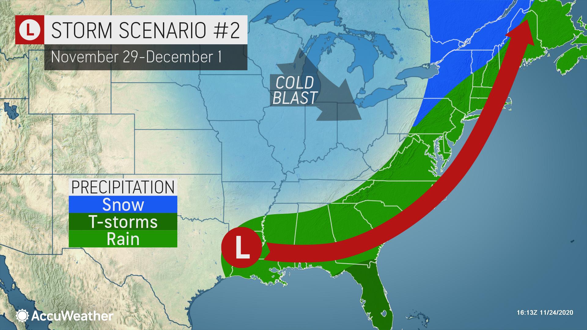 Storm scenario 2 - snow in central PA, NY, and VT. Rain along the eastern states, thunderstorms in FL.