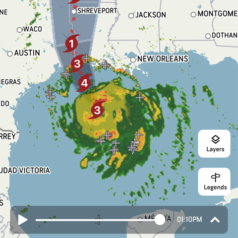 Hurricane Laura predicted landfall, as seen on SkyGuard mobile